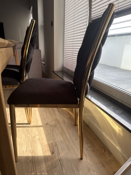 6 krzeseł czarne welurowe ze złotymi nogami styl glamour