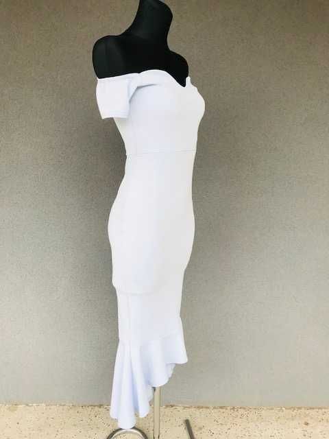 Sukienka asymetryczna midi z falbaną dopasowana rybka syrenka błękitna