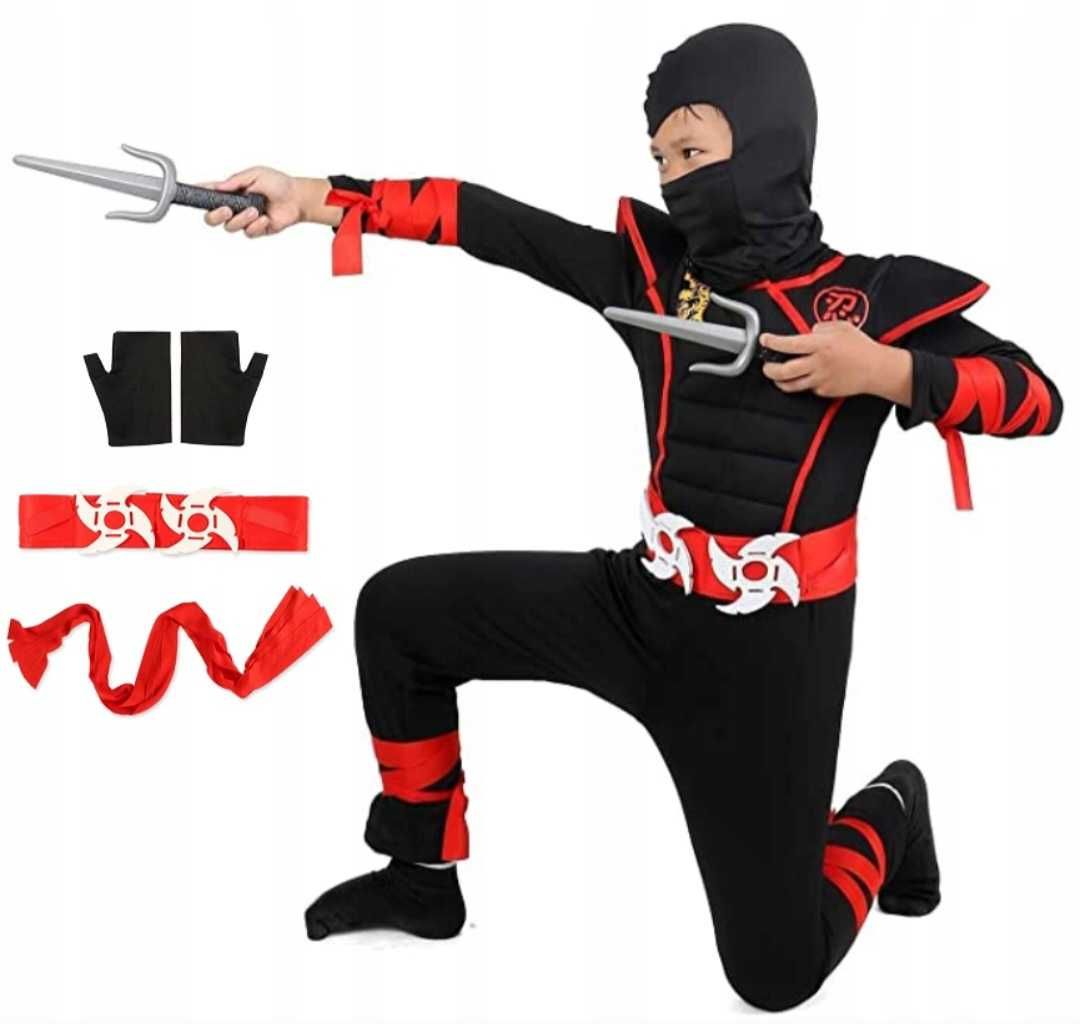 Nowy strój BLACK NINJA wojownik samuraj, r. 128 przebranie