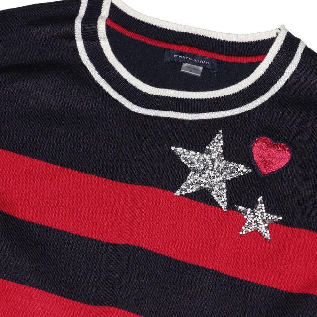 TOMMY HILFIGER Oryginalny Sweterek Sweter Sukienka Dlugi Gwiazdy Paski