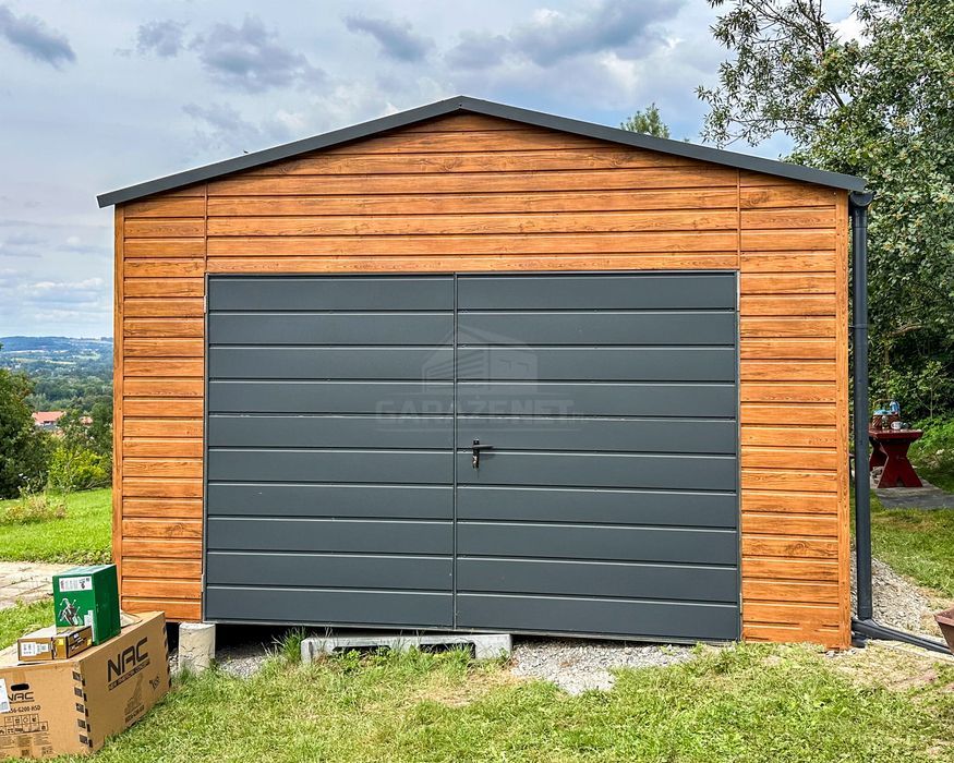 GARAŻ BLASZANY 4,5X6M - Brama Dwuskrzydłowa Drzwi Drewnopodobny TS752