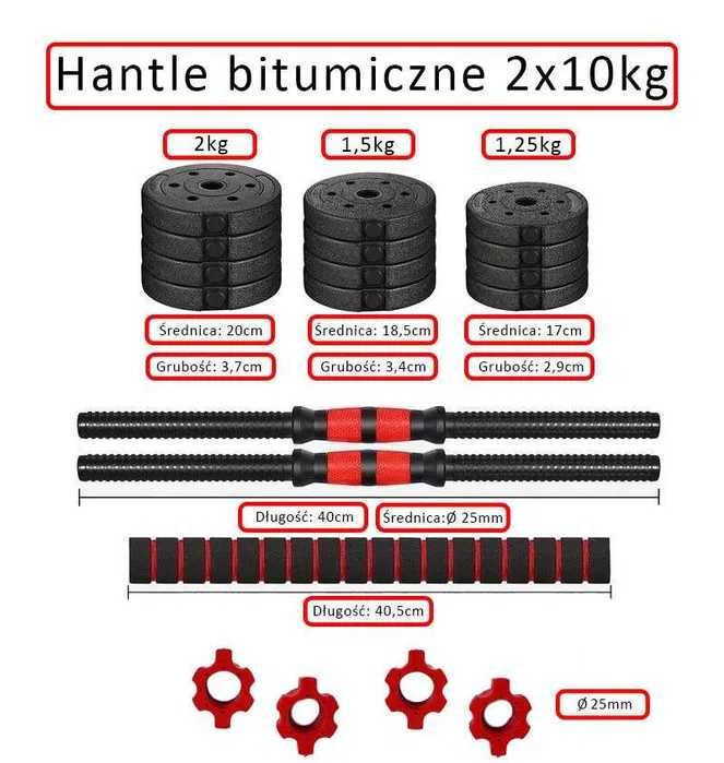 Hantle bitumiczne regulowane 2x10kg zestaw 20kg ze sztangą DW