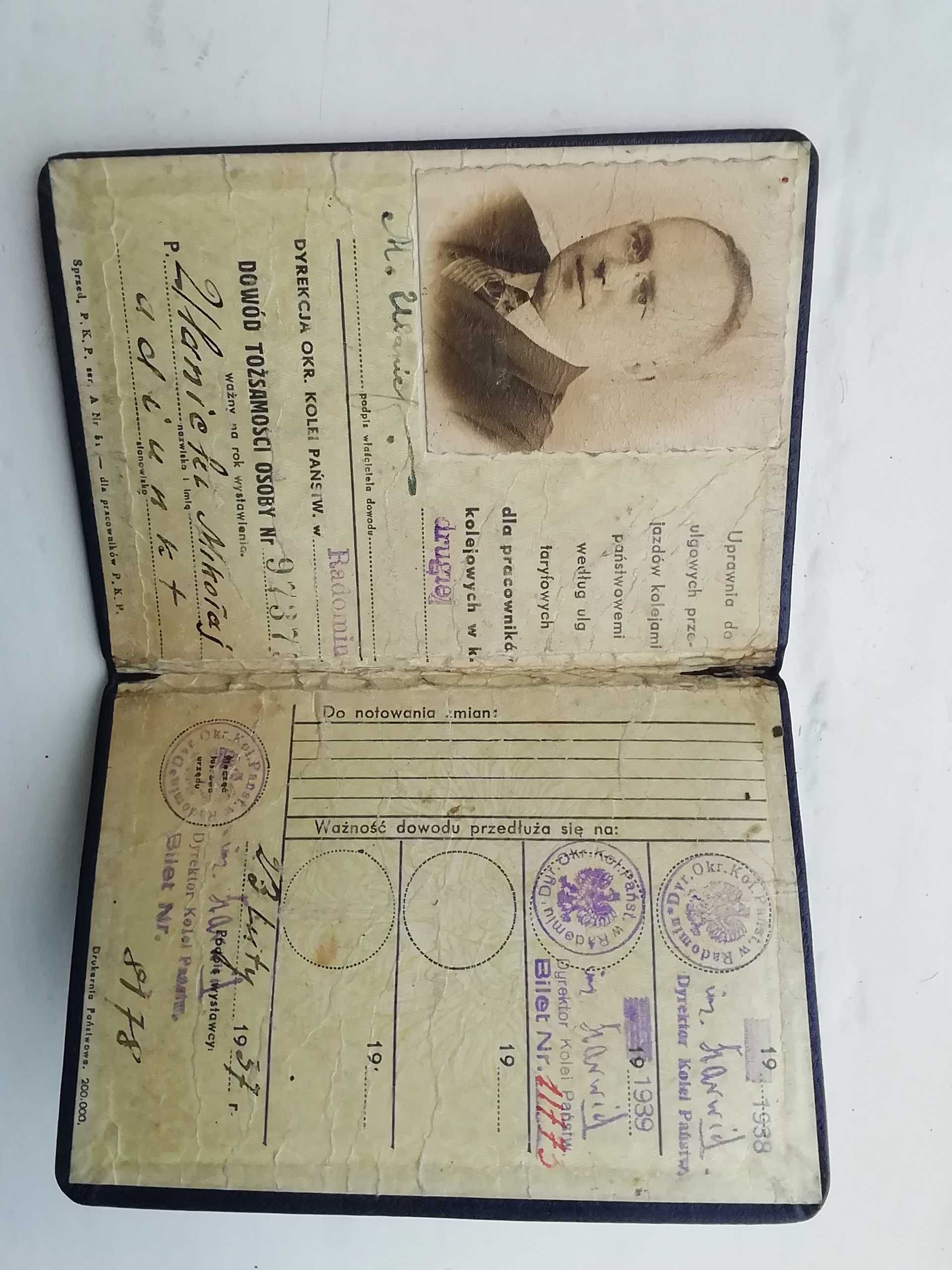 Legitymacja PKP z dowodem tożsamości z 1938 r.
