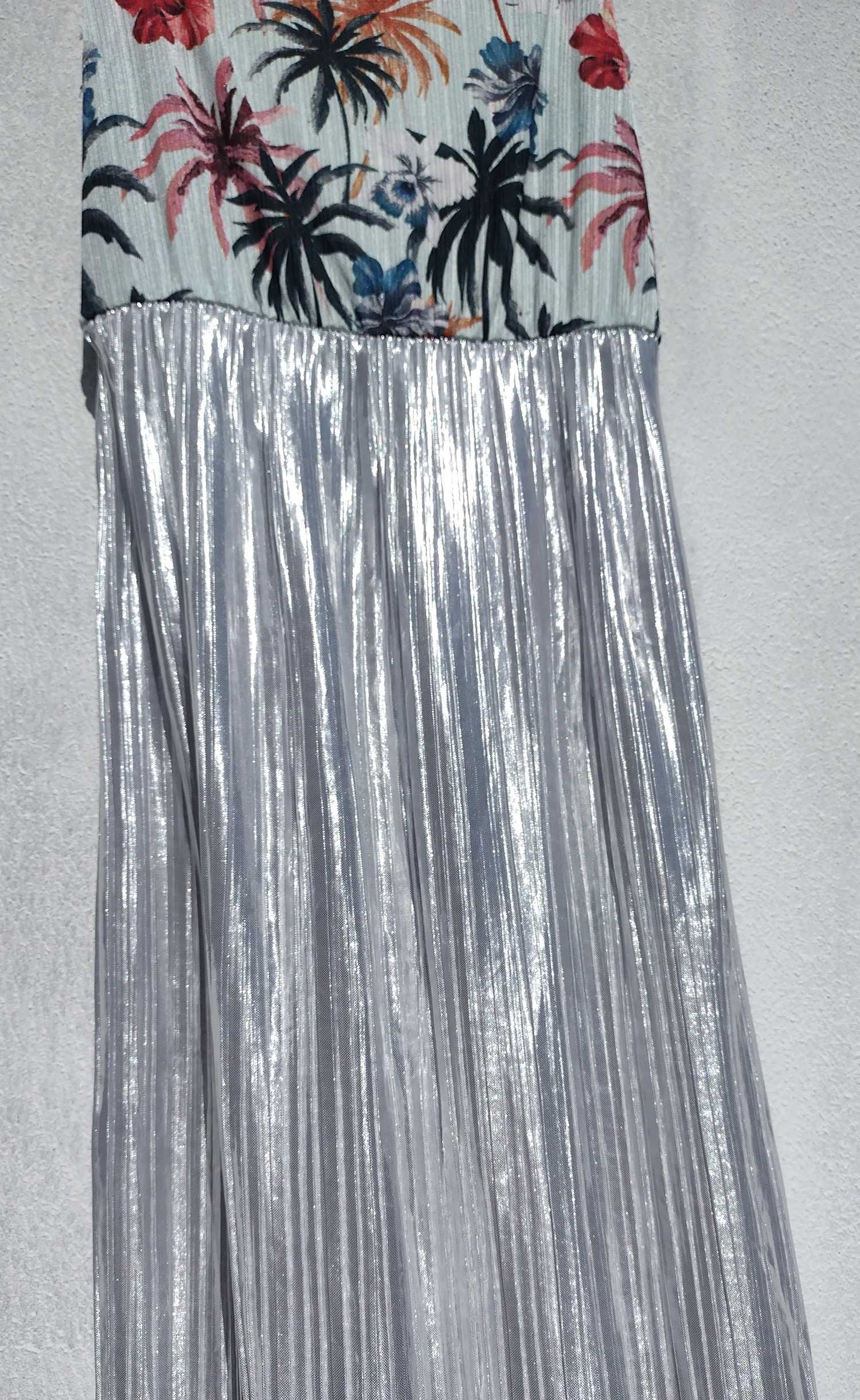 Летнее миди платье с гавайским принтом пальмы и плиссе металлик Zara S