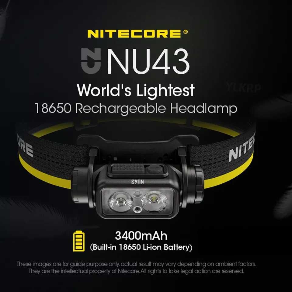 Налобный фонарь Nitecore NU43 1400 лм, Красный свет,зарядка за 2 часа.