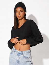 Bluzka Crop Prążkowana Dzianinowa Czarna Casual Shein M 38