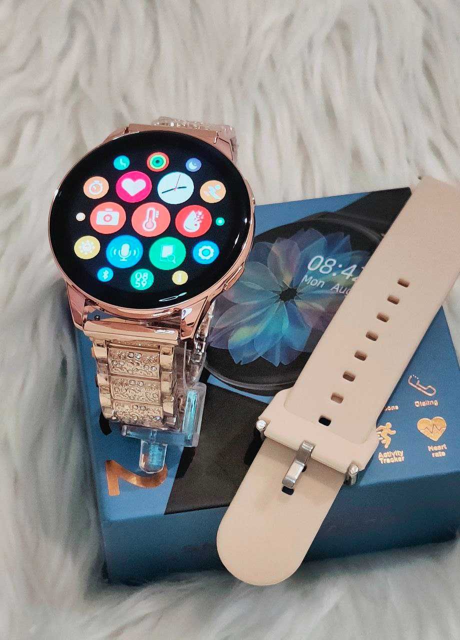 Nowy Smart Watch T2Pro z Okragla Tarcze Damski Zloty Pasek