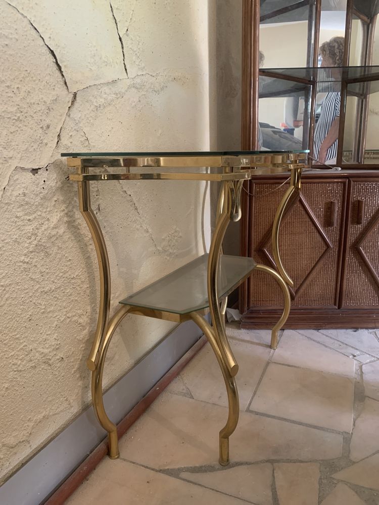 Mesa de Hall em aço dourado e tampos em vidro