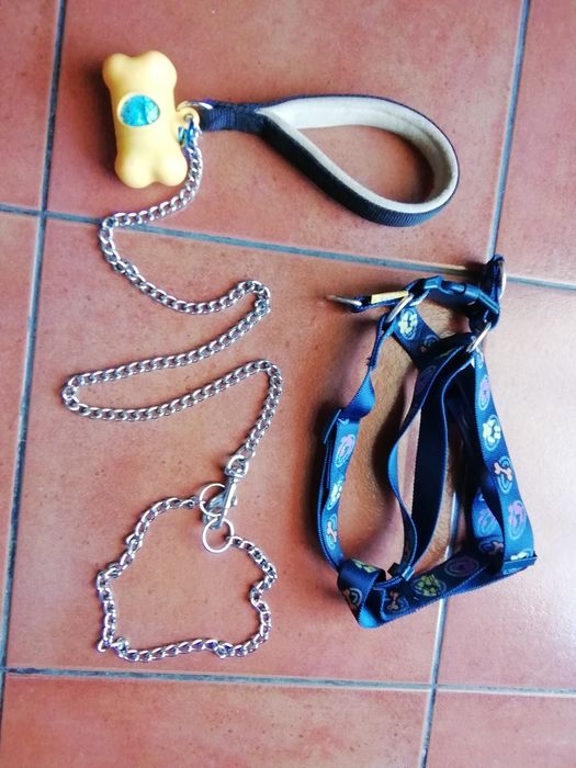 Coleira com peitoral para cães com suporte para sacos.