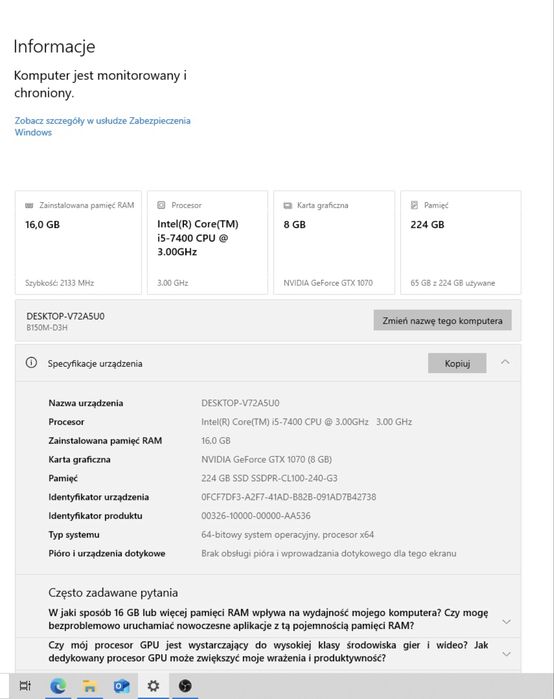 Komputer do gier – GTX 1070 8GB / i5‑7400 / 16 GB DDR4 / SSD