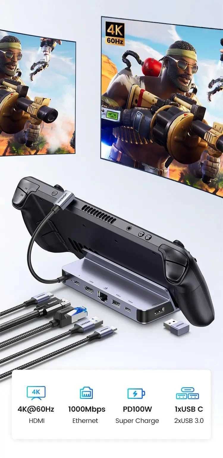 Док-станция Ugreen 6в1 Steam Deck (HDMI/Ethernet/3хUSB 3.0/USB-C 100W)