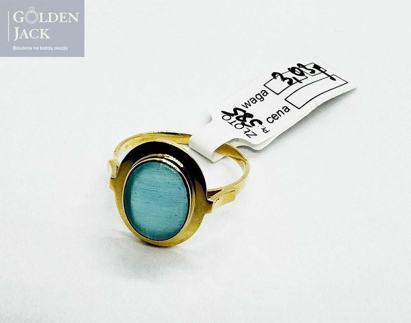 Złoty pierścionek turkusowy kamień złoto pr. 585 waga 3,03 g roz. 18