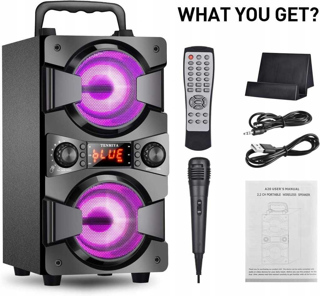 TENMIYA A20 – głośnik Bluetooth z mikrofonem, LED i radiem FM 60W