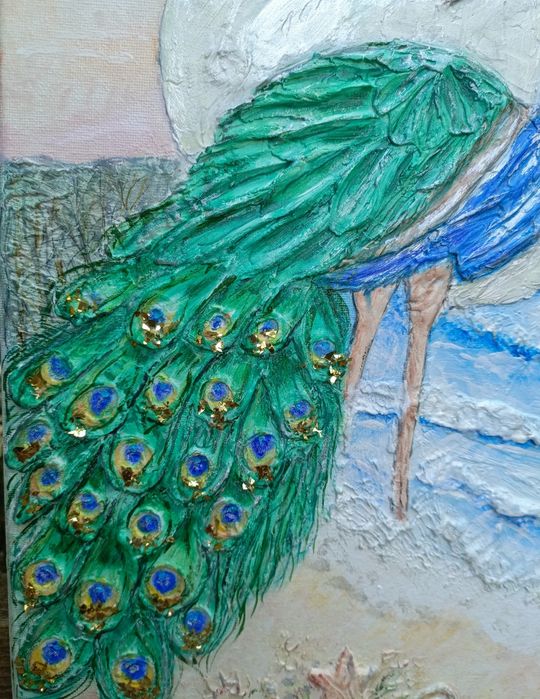 Obraz strukturalny rękodzieło akryle malowany paw