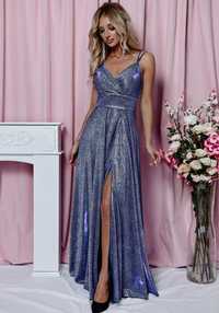 Srebrna Niebieska brokatowa sukienka długa na wesele L 40
