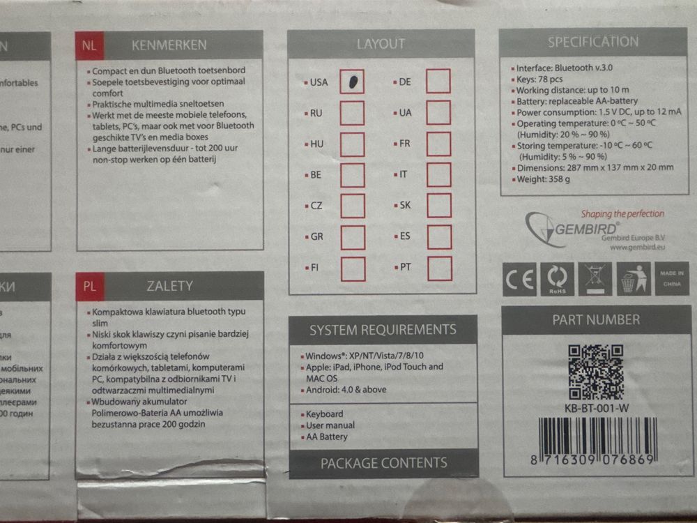 Klawiatura bluetooth gembird biała
