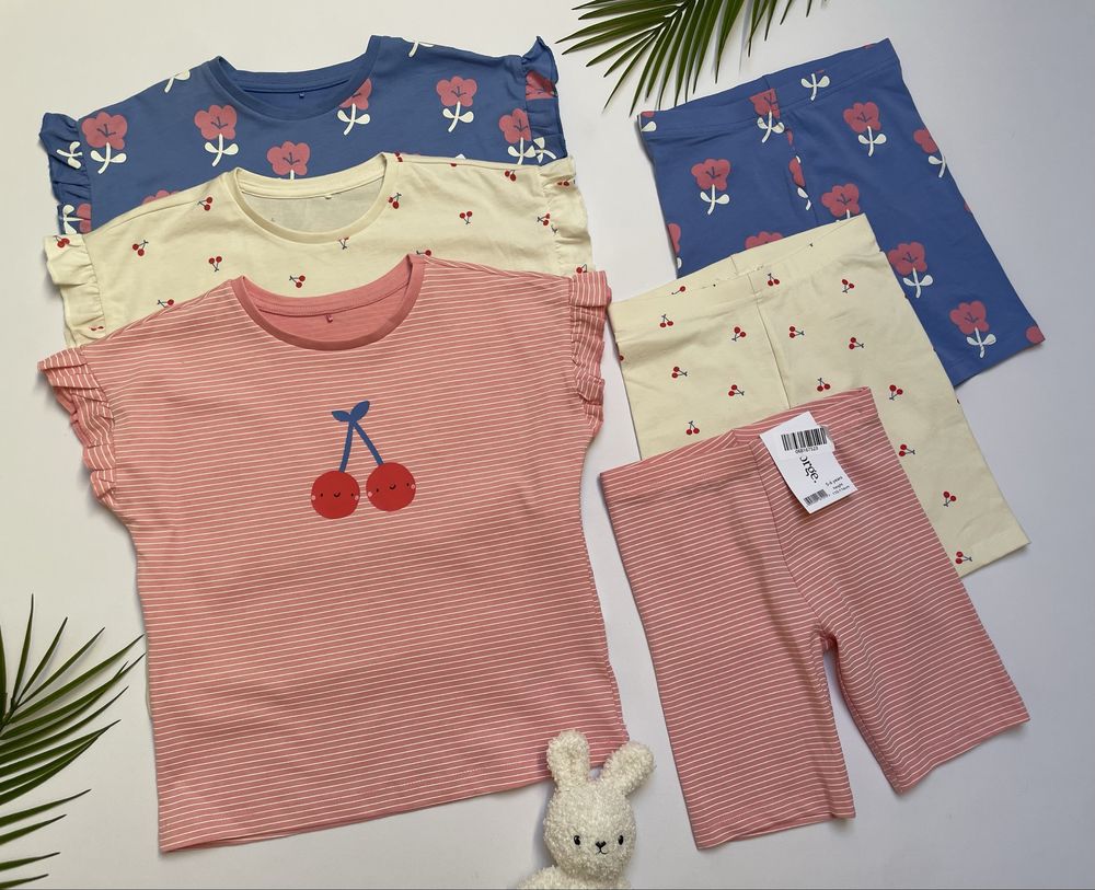 110-116 George zestaw 6pak koszulki z falbankami + legginsy kolarki UK
