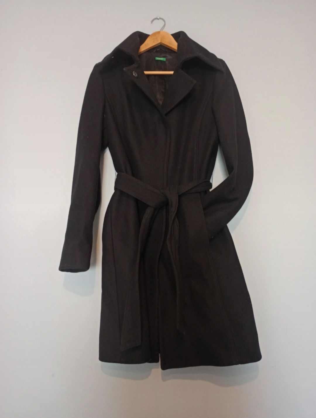 Płaszcz wełniany elegancki czarny 46 duży rozmiar wool długi wiązany p