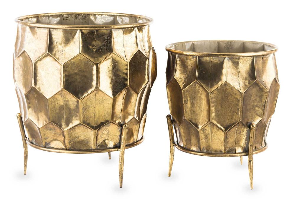 Złota Metalowa Osłonka Doniczka Na Nóżkach Dwie Sztuki Komplet 141090