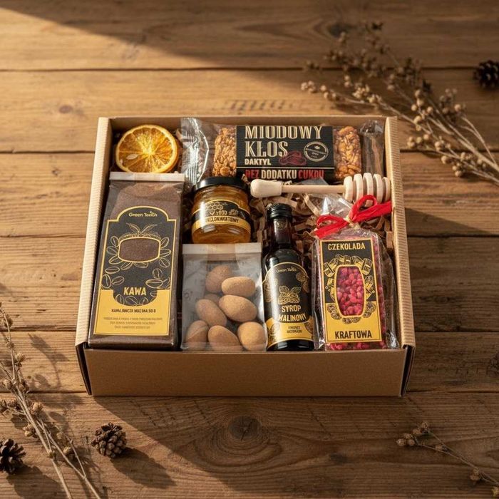 Zestaw Prezentowy Box Kawa Miód Syrop Czekolada Baton Migdały Kraft