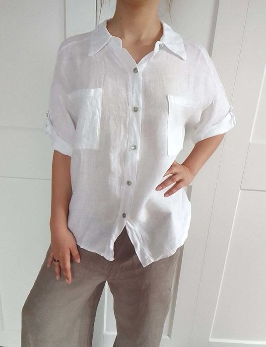 Nowa lniana biała koszula bluzka 100% len puro lino S M L uniwersalna