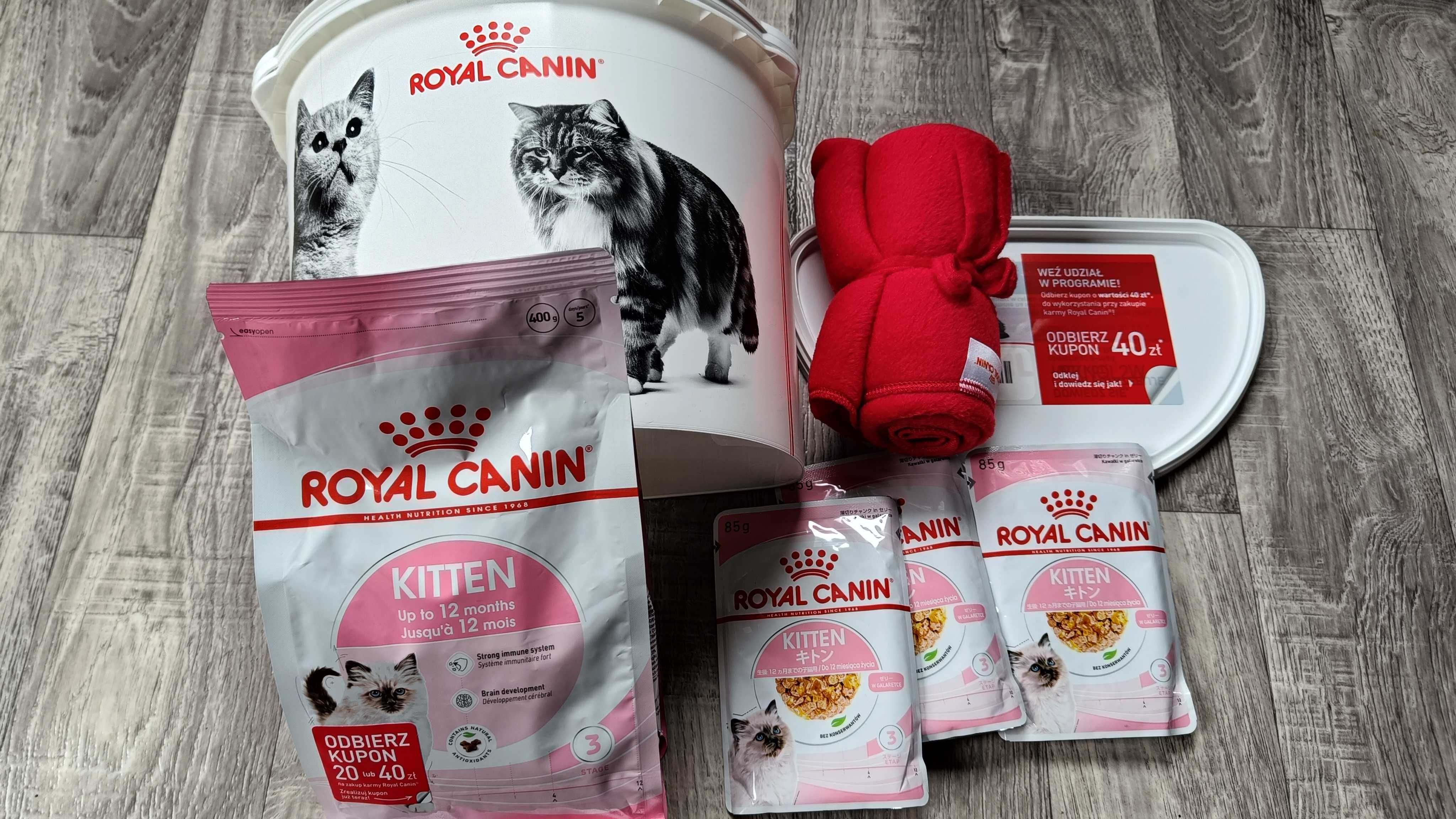 4 x wyprawka Royal Canin, wiaderko, karma Kitten 400g, saszetki.