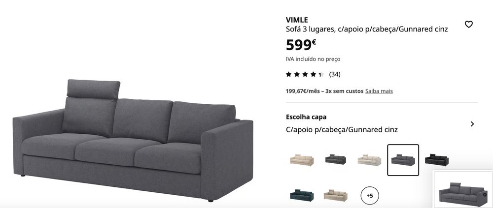 Sofa vimle Ikea 3 lugares, cinzento