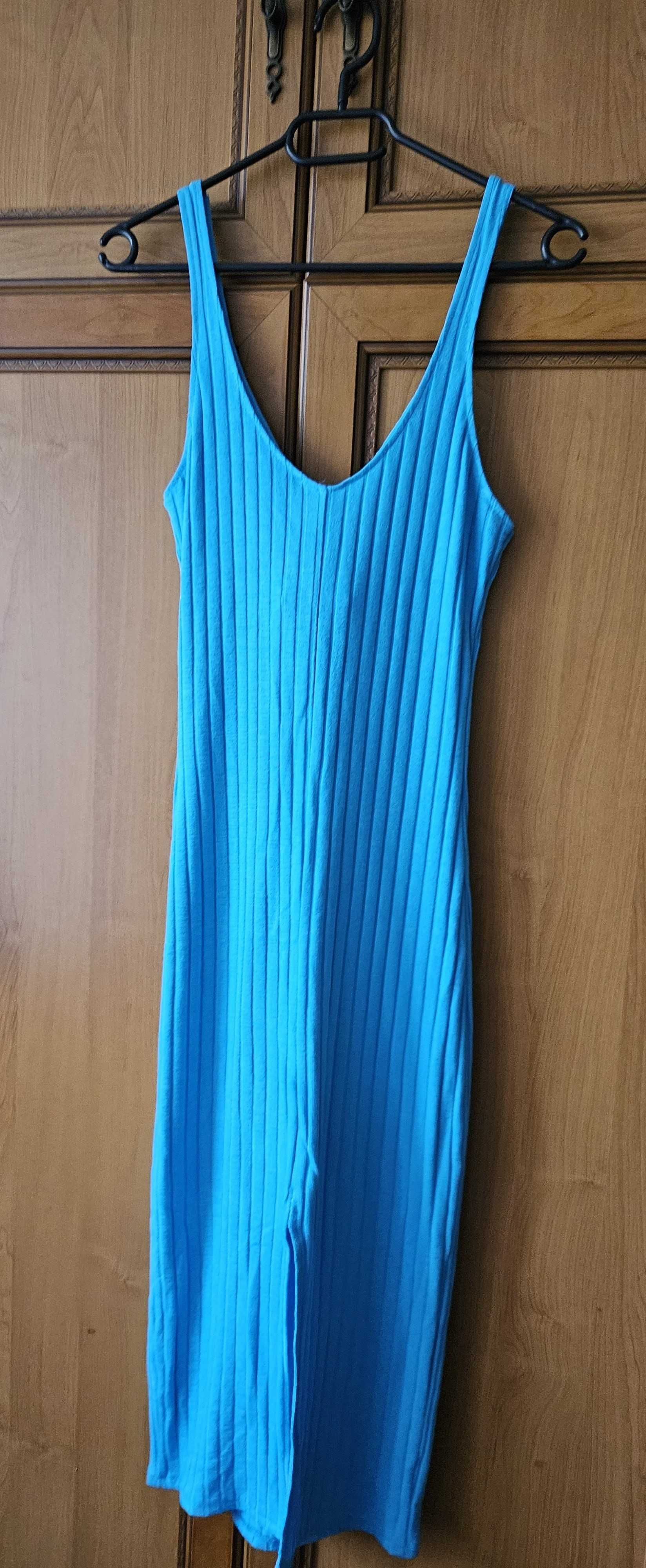 Turkusowa sukienka w prążki midi Zara, rozmiar M