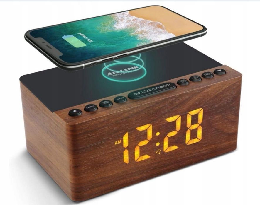 Stylowy drewniany budzik z radiem i ładowarką indukcyjną ANJANK AC190