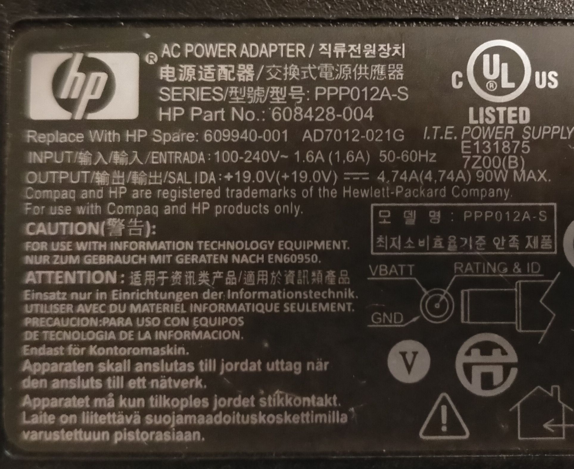 Carregador para portátil, marca HP