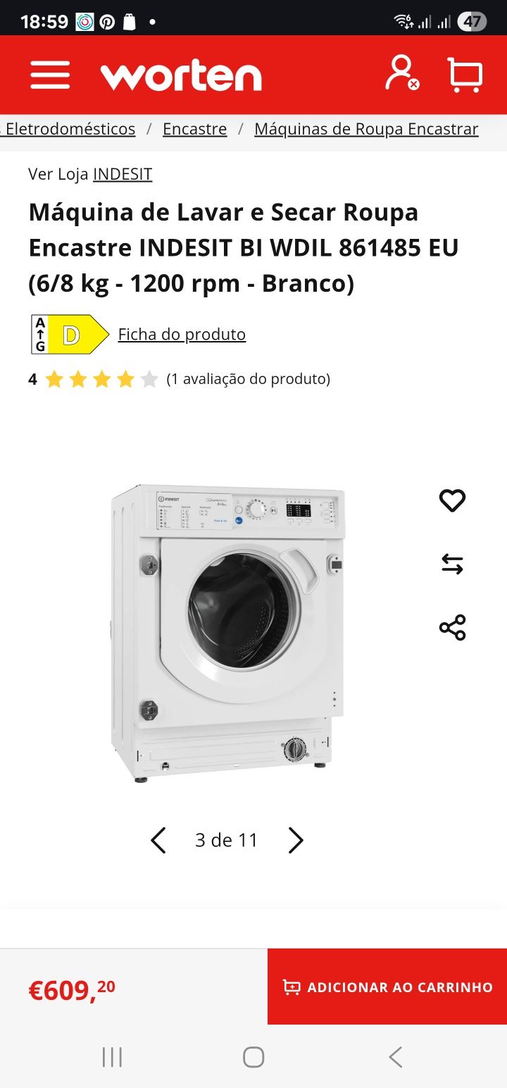 Máquina de lavar e secar de encastrar. INDESIT 8kg + 6kg