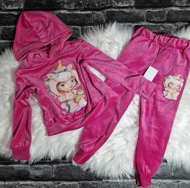Komplet dres dla dziewczynki welurowy różowy jednorożec 98/104