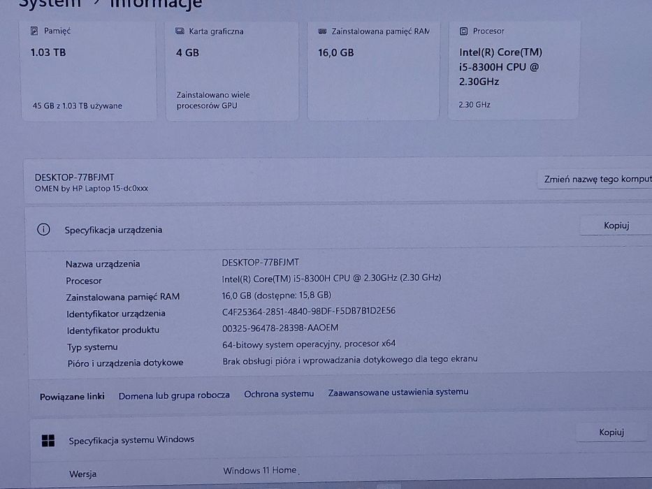 GAMINGOWY  HP Omen! Core i5/ 16GB RAM/ GTX 1050ti/ SSD + 1TB/ Win 11