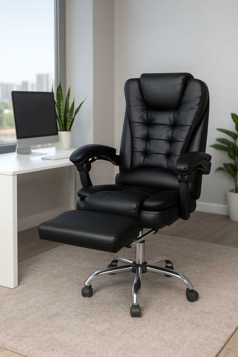 Fotel obrotowy czarny z podnóżkiem – idealny do biura i domu