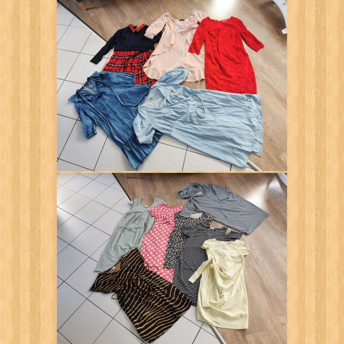 Paka ubrań, ubrania ciążowe spodnie ogrodniczki bluzki sukienki