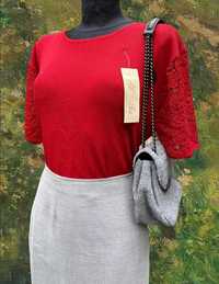 Bluzka damska  czerwona z koronką vintage styl 90s wiskoza 40 L 42 Xl