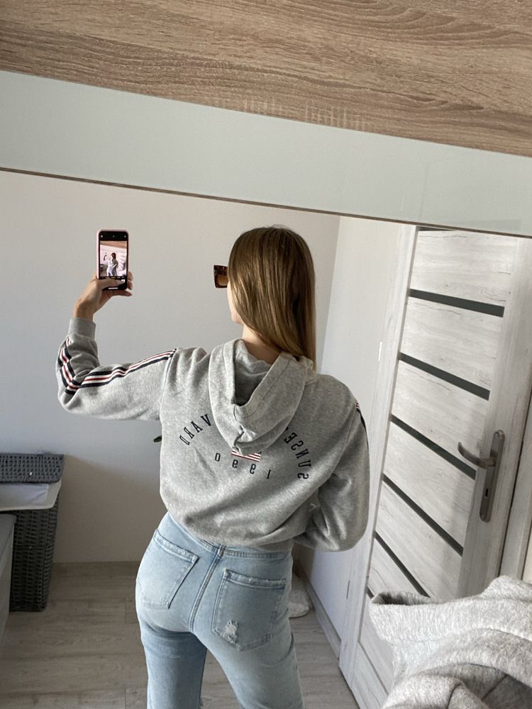 Bluza xs szara h&m american crop top vintage z kapturem lampasy