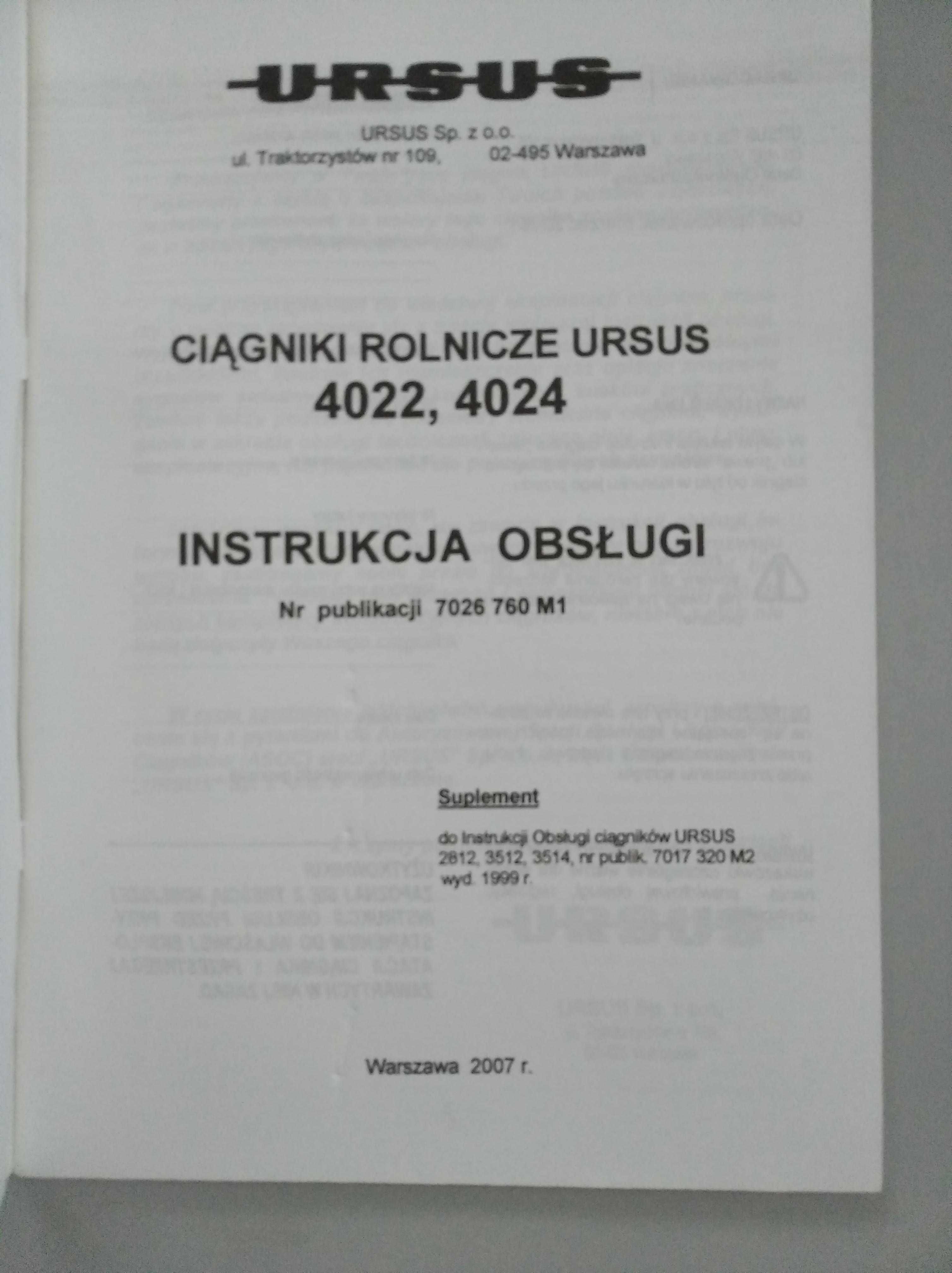 Instrukcja obsługi Ursus 4022,4024 suplement