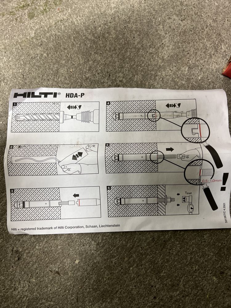 4 kotwy do betonu Hilti 331550 HDA-P 30-M16 x 190/40