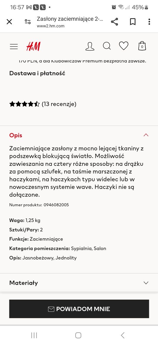 Zasłony H&M nowe, beż w stylu ikea