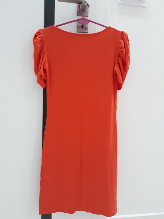 Sukienka mini pomarańczowa tunika bufki krótki rękaw S 36