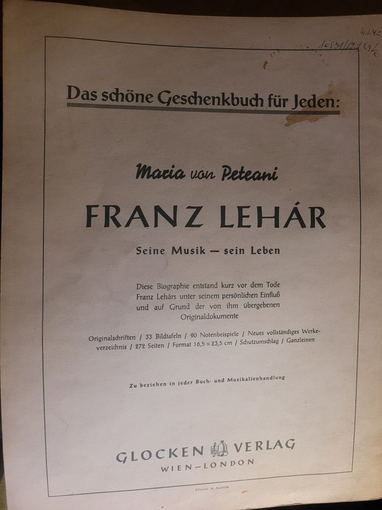 Nuty Franz Lehár Melodien 1937 Glocken Verlag Vien