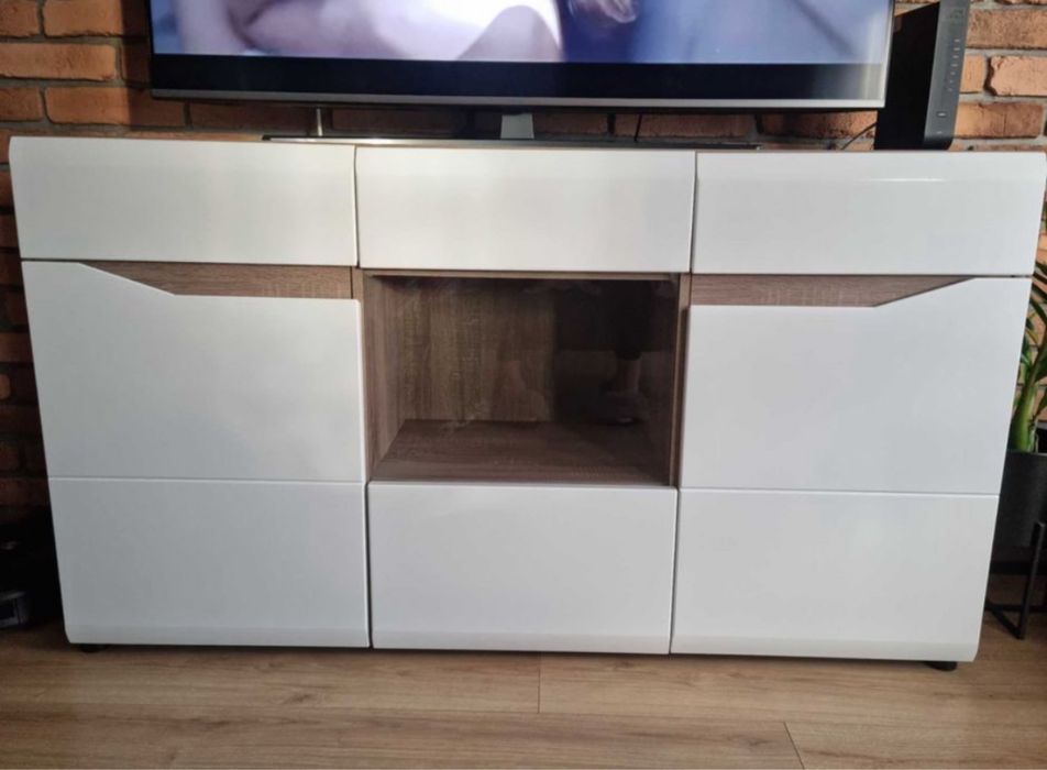 Stylowa komoda biały połysk/drewno dąb