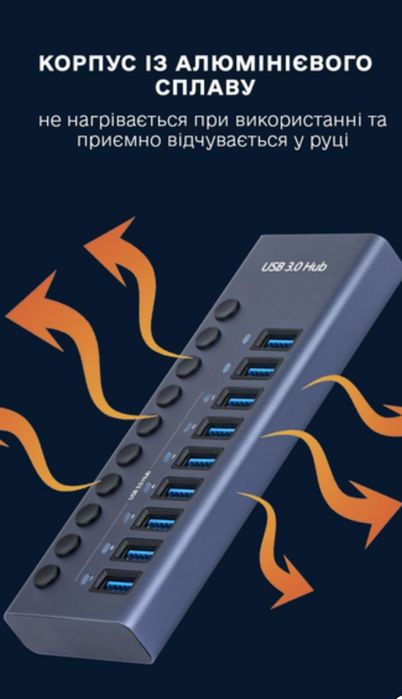 USB HUB 3.0 з додатковим живленням, 10 USB портів - USB хаб із блоком
