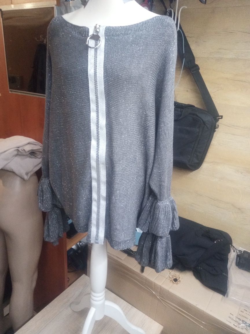 Sweter ARGENTO włoski z metaliczną nitką i zamykaniem na suwak plecach