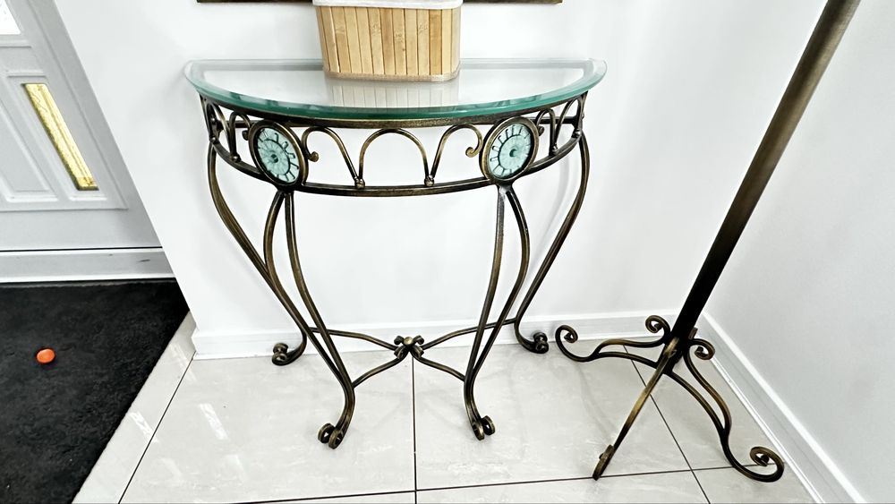 Komplet mebli kutych ze szkłem – konsola, lustro, stolik, krzesła