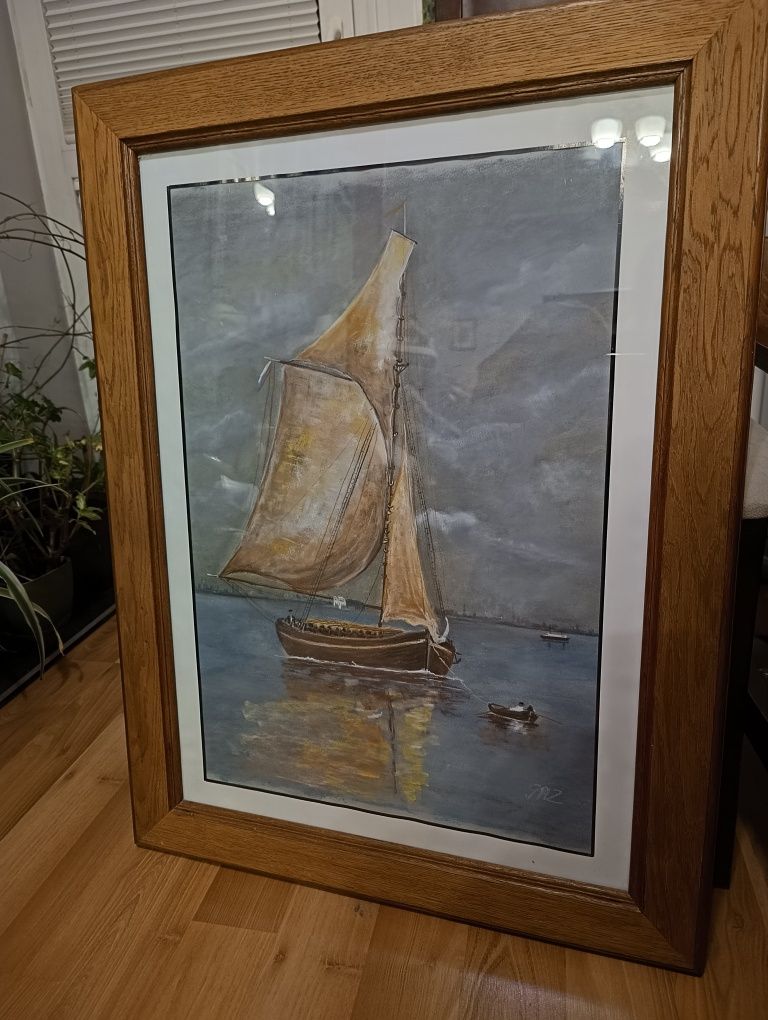 Obraz duży w ramie łódka 85 x 63 cm ręcznie malowany