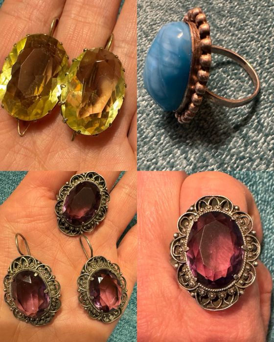 Старинные Серьги и кольца серебро 875, мельхиор с самоцветами