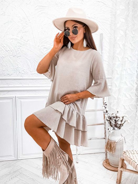 Bawełniano lniana Sukienka z falbaną MOON beżowa boho S/M