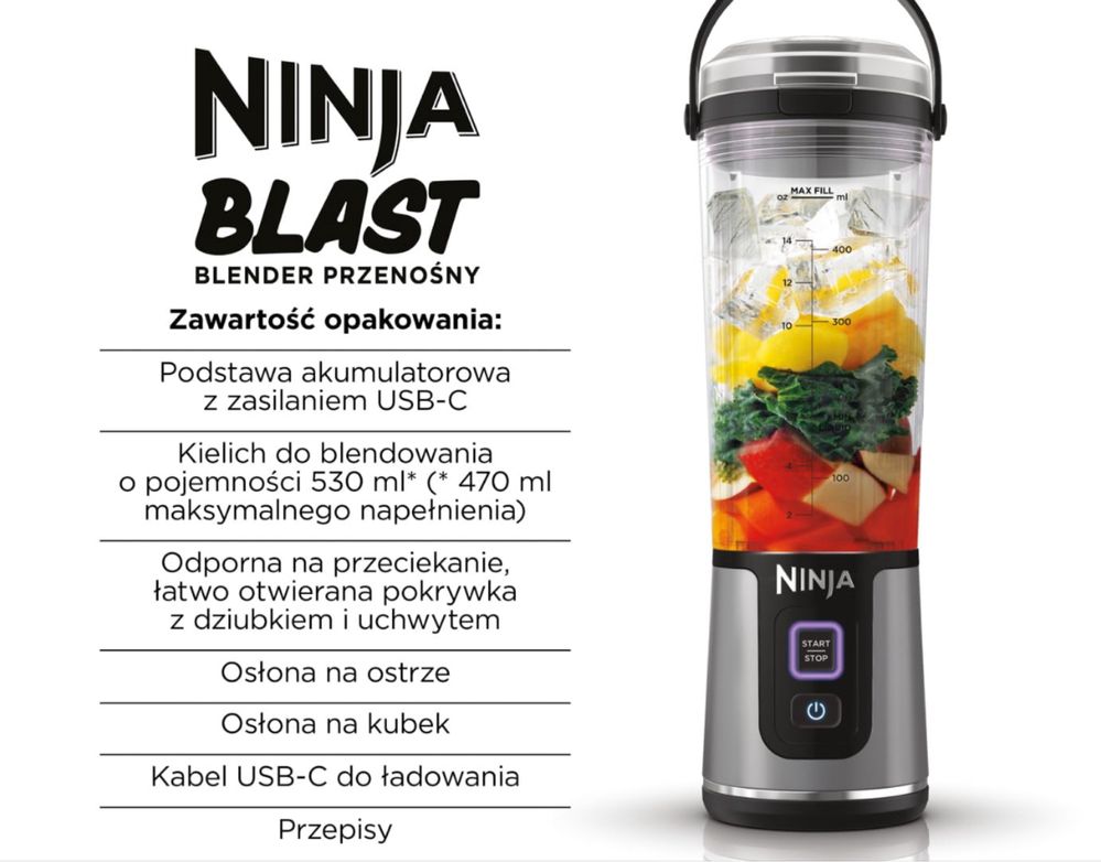 Przenośny Blender Ninja Blast MOCNY 530ml Bezprzewodowy Szczelny Mixer